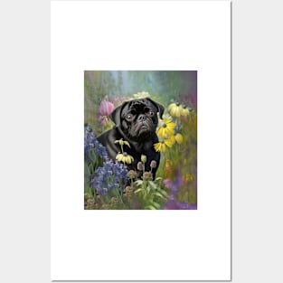 Black Pug Dog in Flower Garden Posters and Art